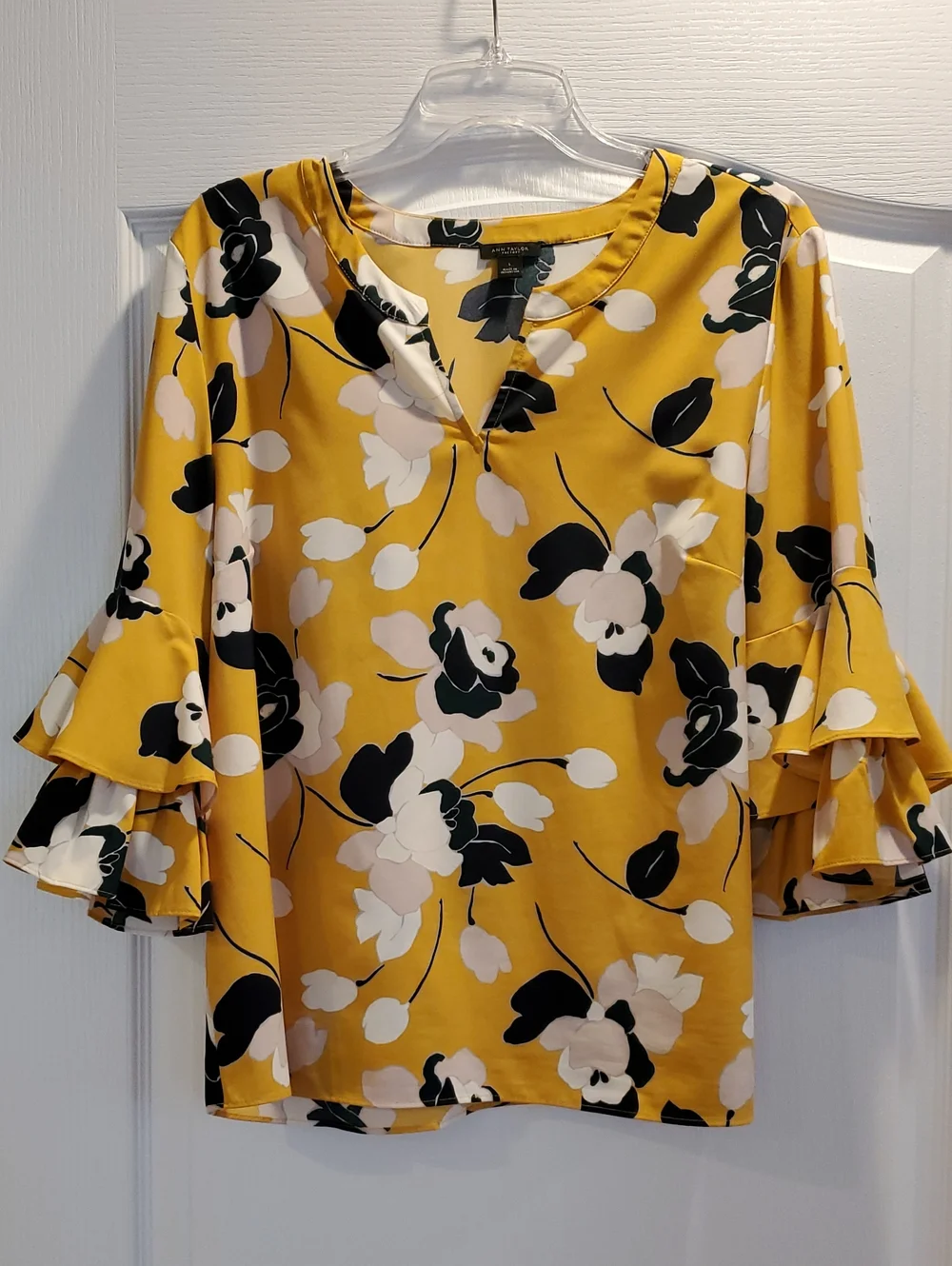 Ann Taylor Yellow Floral V-Neck Ruffle Sleeve Blouse